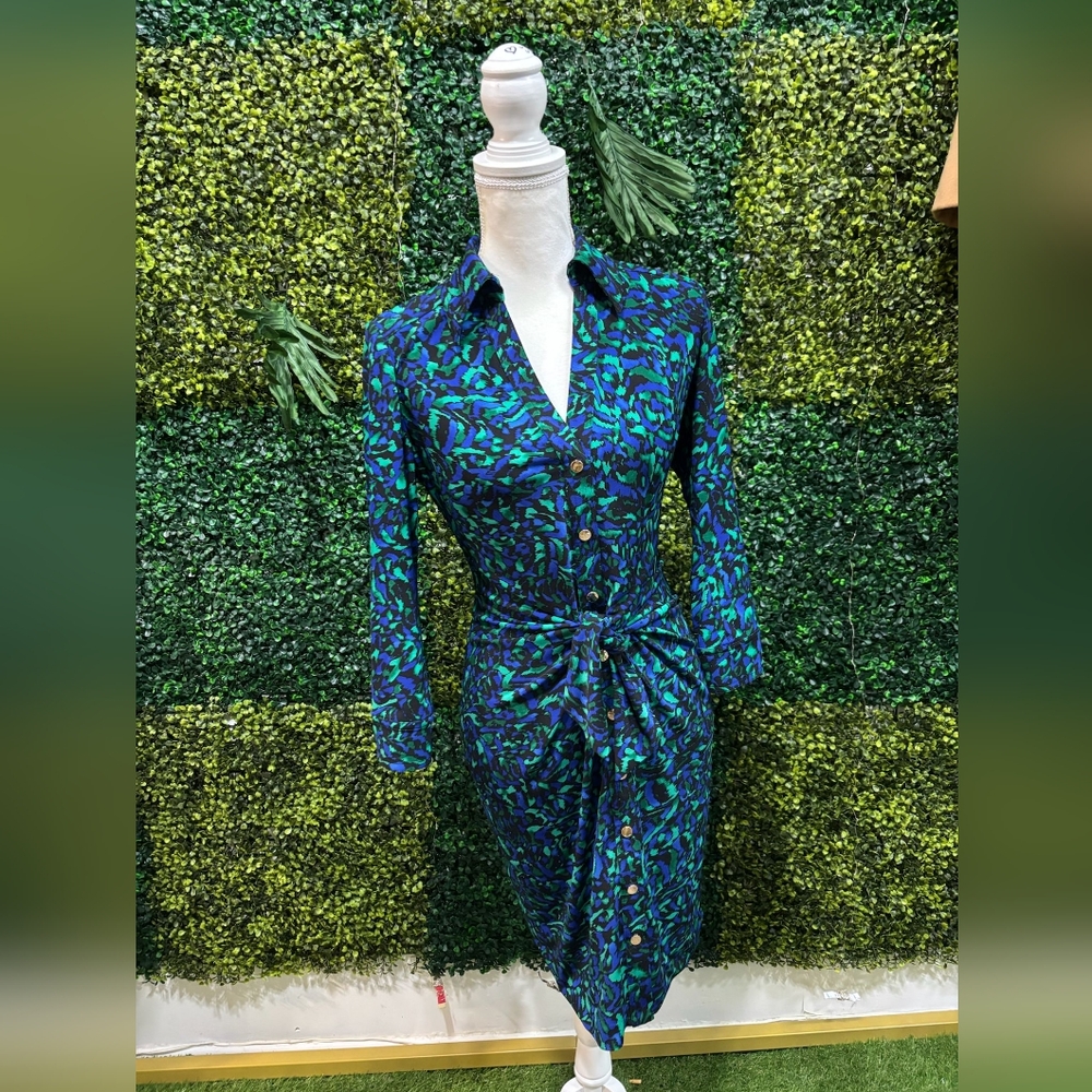 Cache Vibrant Blue and Green Long Sleeve Dress